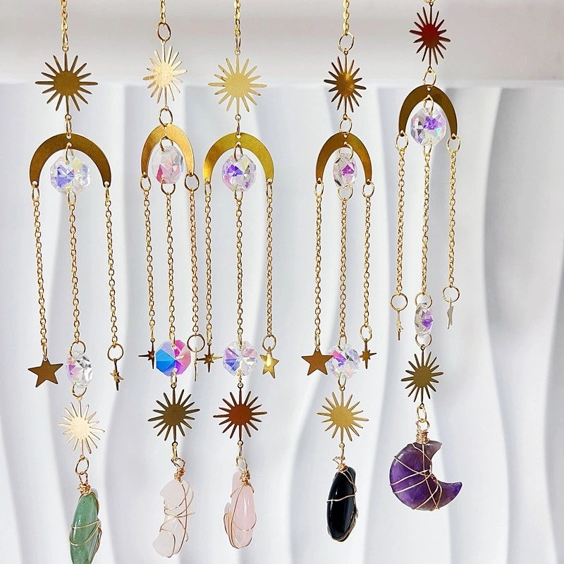 Minimalist Sun and Moon K9 Crystal Brass Suncatcher Wind Chime Decorative Wall Art|Home Decor