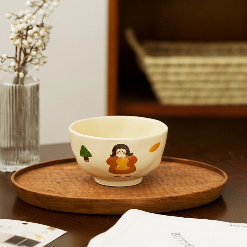 Vintage Ceramic Cartoon Dinner Plate Cute Girls Small Rice Bowl and Mug with Lid|Kitchen & Dining