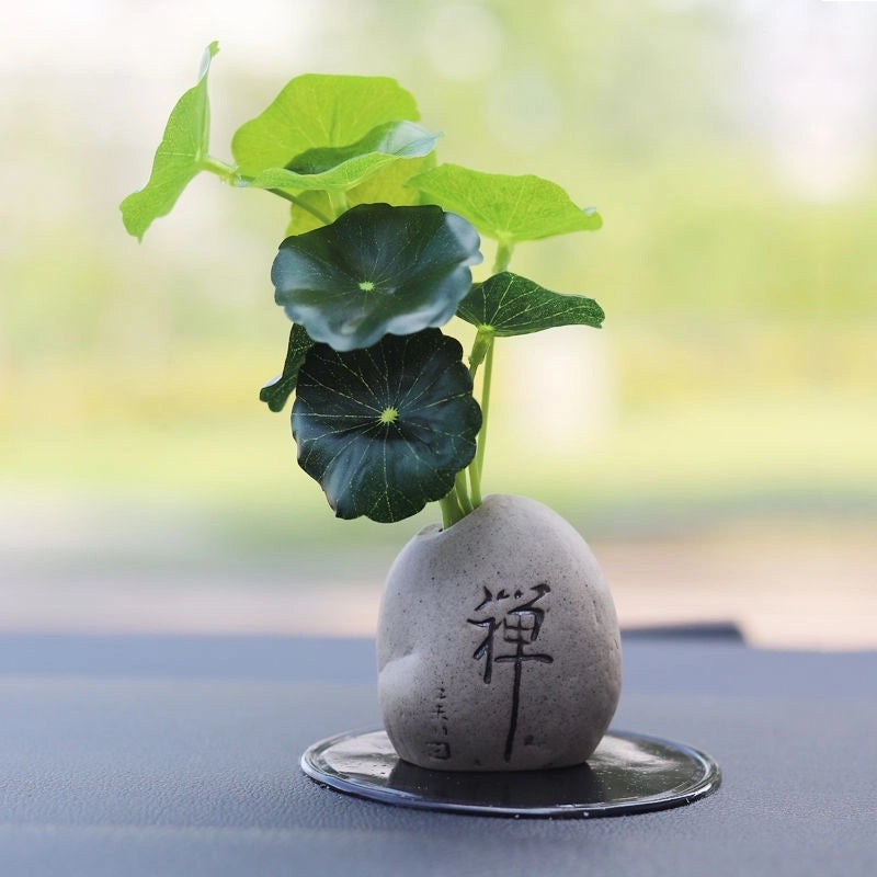 Antique Lotus Leaf Zen Stone Car Ornament Creative Green Plant Monk Accessories|Car Accessories