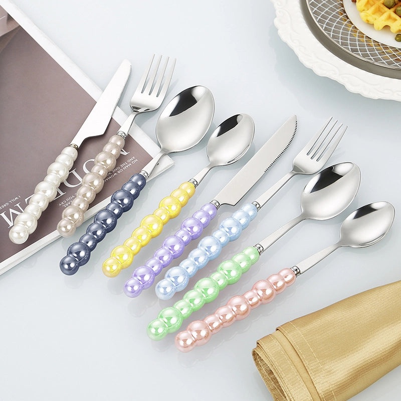 Ceramic Pearl Handle Stainless Steel Cutlery Set, Luxury Western Hotel Tableware, Steak Knife, Fork & Dessert Spoon | Kitchen & Dining