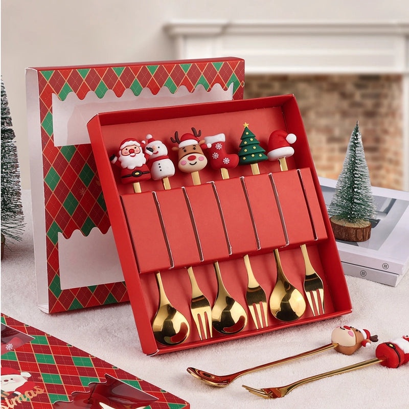 Christmas Holiday Stainless Steel Tableware with Cute Santa Tree Star Design PVC Handle | Kitchen & Dining