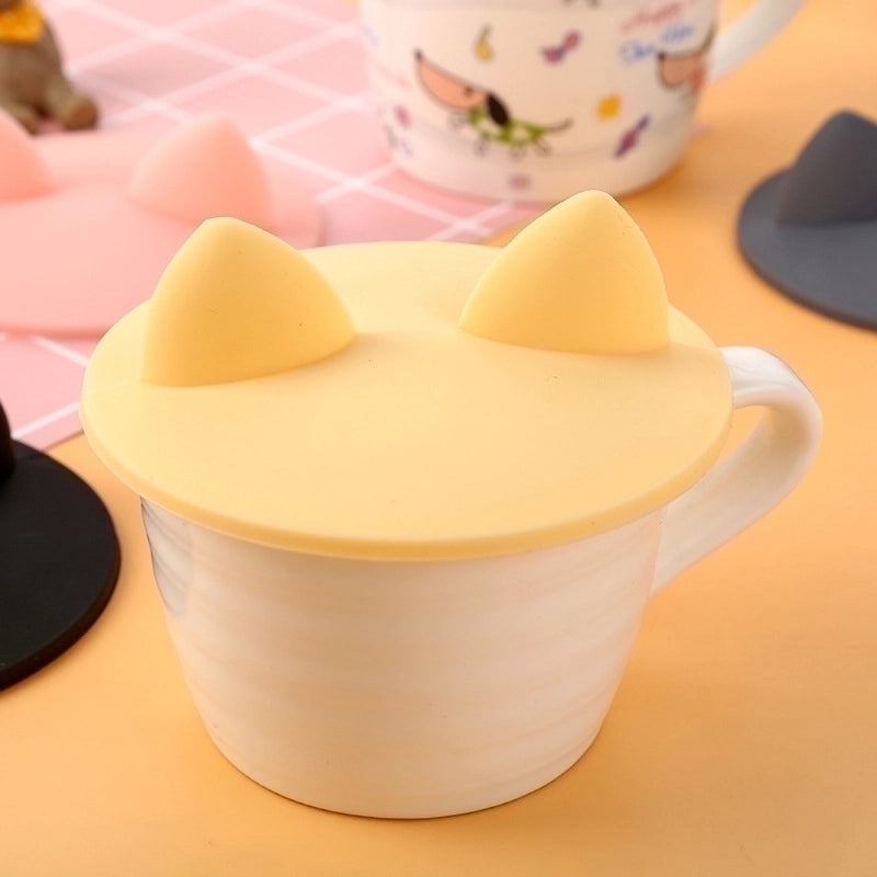 Cute Cat Ear Silicone Cup Lid Universal Mug Cover Spill-Proof Reusable Drinkware Accessory|Kitchen & Dining