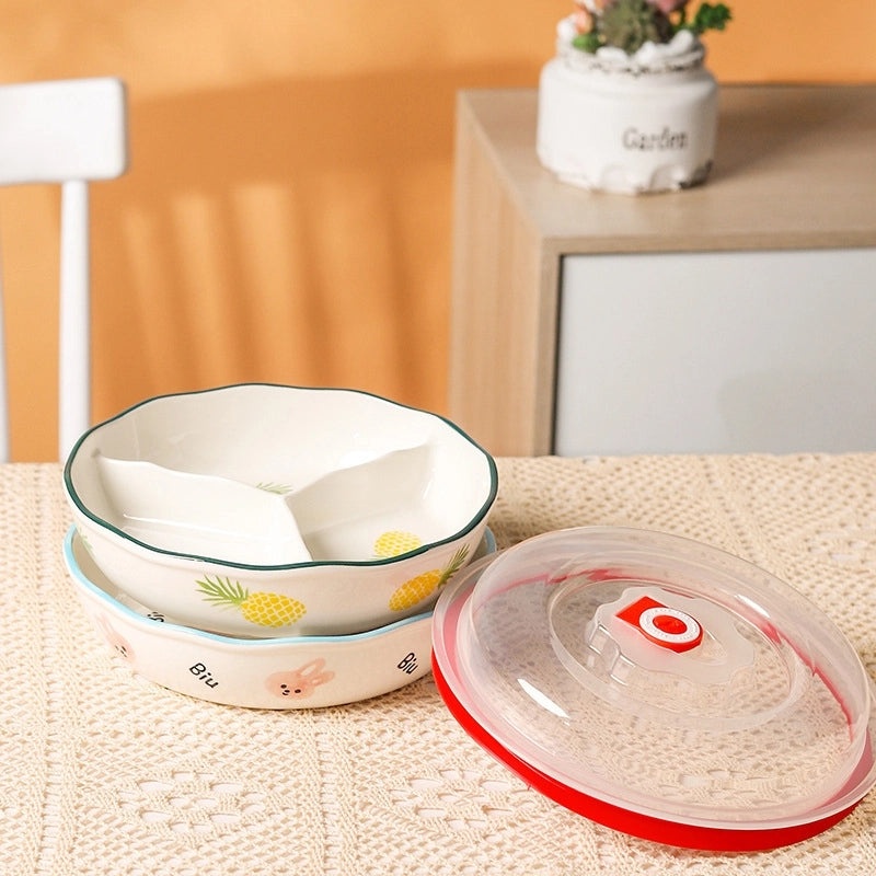 Ceramic Three-Compartment Bowl with Lid Microwave Safe Heat-Resistant Lunch Box Snack Plate|Kitchen & Dining