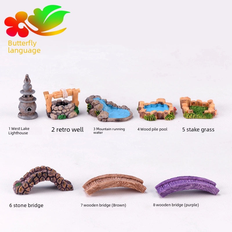 Micro Landscape Retro Antique Resin Miniature West Lake Scene Decoration with Lighthouse, Well, Bridge, Water Grass|Home Decor Miniatures