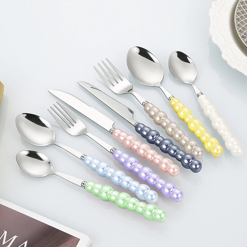 Ceramic Pearl Handle Stainless Steel Cutlery Set, Luxury Western Hotel Tableware, Steak Knife, Fork & Dessert Spoon | Kitchen & Dining