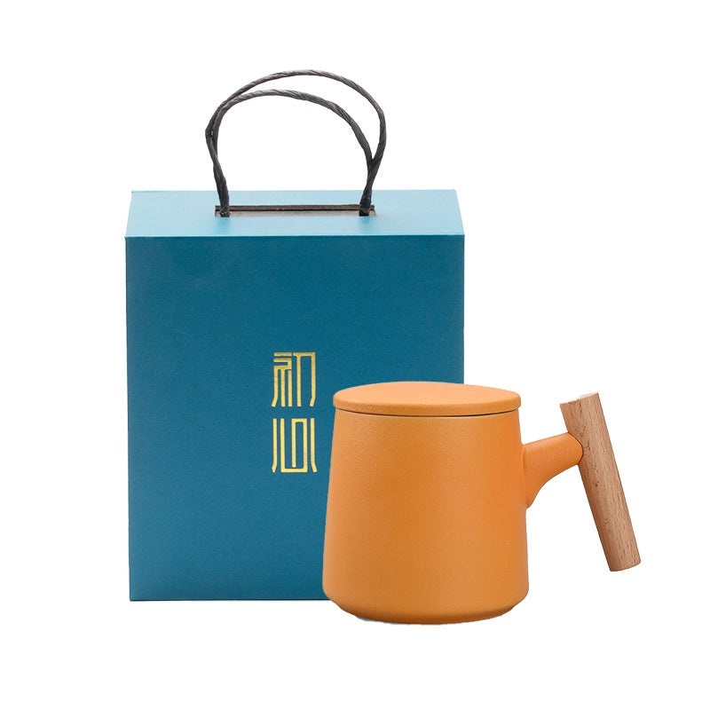 Wooden Handle Ceramic Mug Set with Lid and Filter Frosted Glass Simple Design Engraved Logo Gift Set|Kitchen & Dining