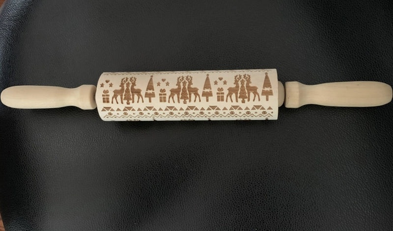 Holiday Wooden Baking Rolling Pin Christmas Tree Elk Snowflake Pattern