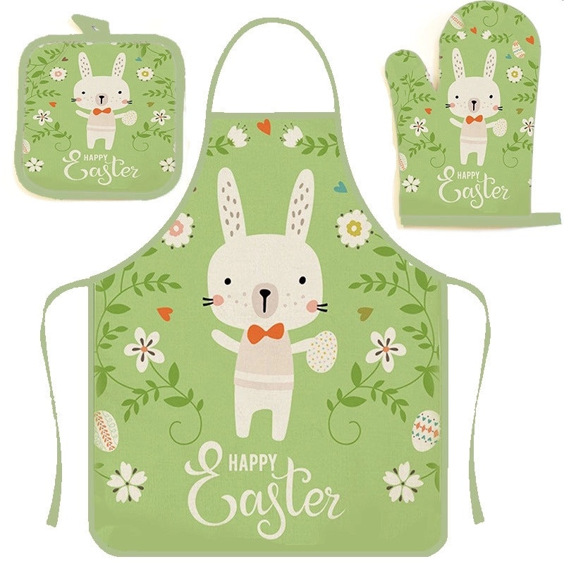 Cartoon Style Minimalist Polyester Apron with Heat Resistant Gloves|Kitchen Accessories