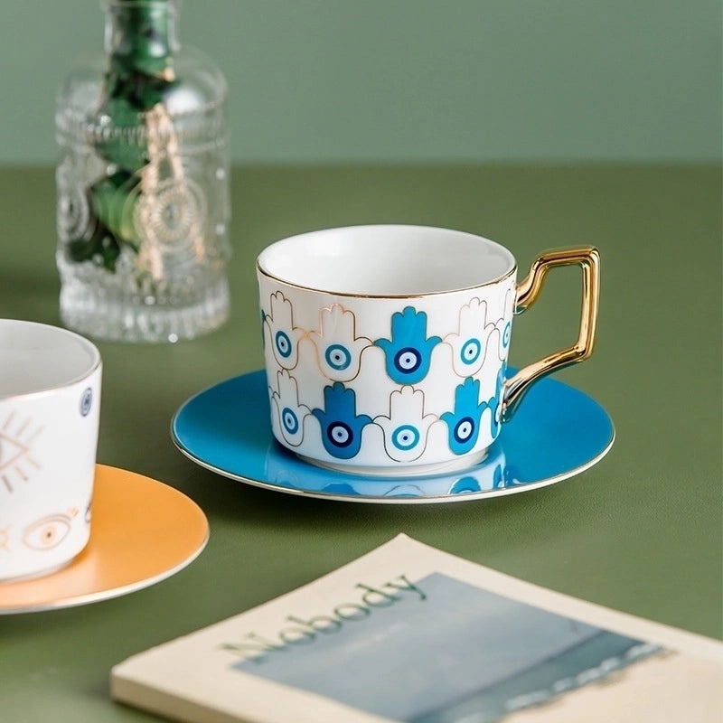Retro Geometric Devil's Eye White Porcelain Mug with Placemat Set | Kitchen & Dining Accessories