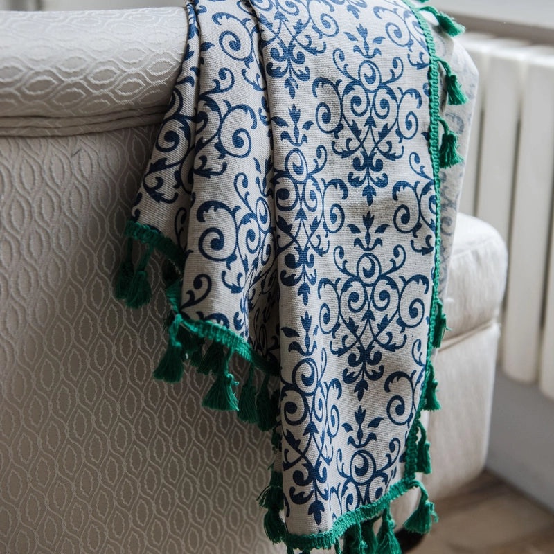 Blue and White Porcelain Print Kitchen Curtain with Green Tassel, Chinese Style Sheer Panel, No Shading|Home Decor Curtains