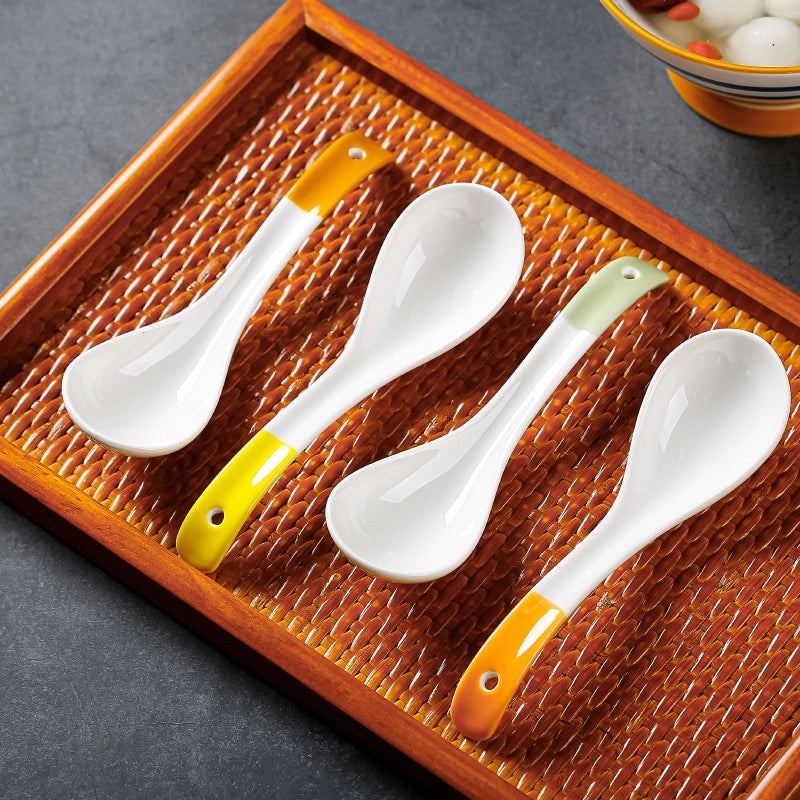 Japanese Style Blue and White Ceramic Soup Spoon Thickened Curved Handle Anti-scalding Small Spoon|Kitchen & Dining