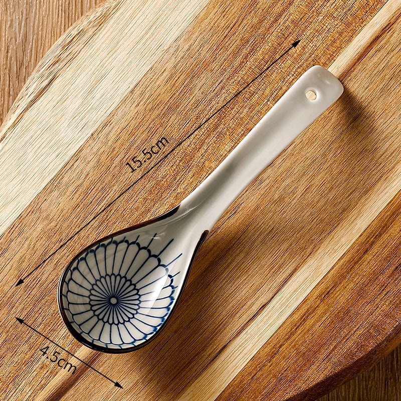 Unisex Ceramic Soup Spoon Kitchen Dining Utensil Blue White Cartoon Pattern