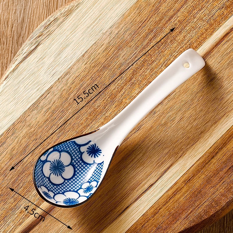 Unisex Ceramic Soup Spoon Kitchen Dining Utensil Blue White Cartoon Pattern