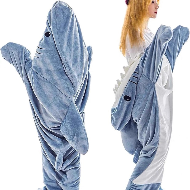 Shark Furry Hoodie Sleeping Bag Warm Flannel Thick Nightgown Loose Jumpsuit Lazy Blanket | Home & Living