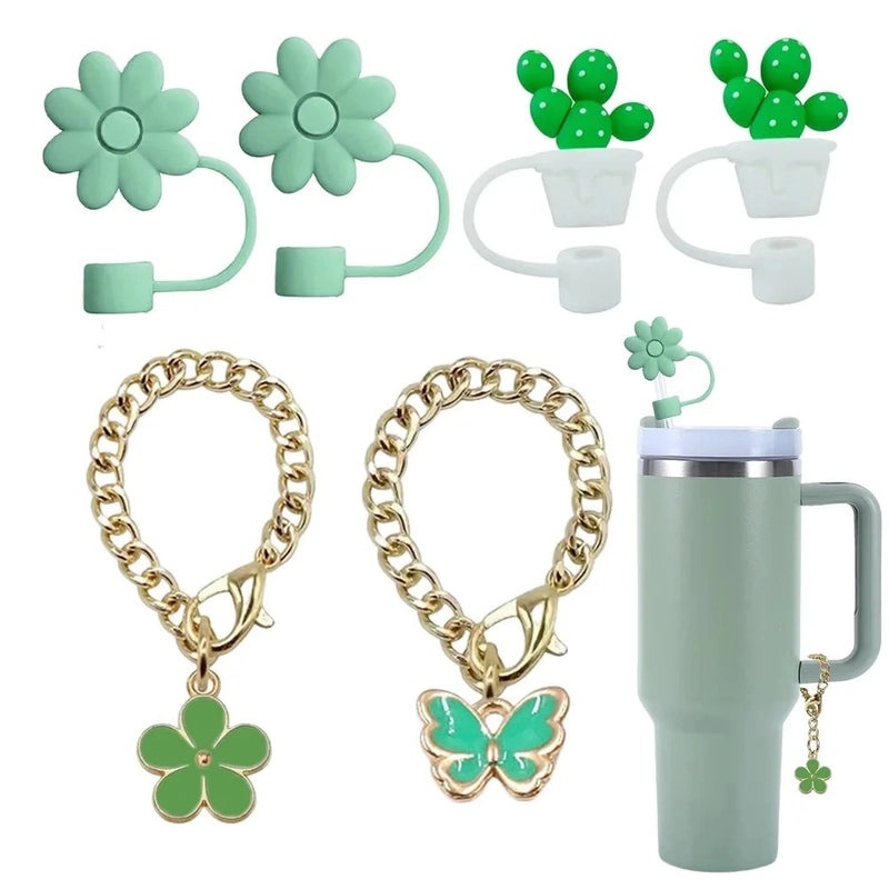 Pastoral Style Floral Metal Straw with Silica Gel Sleeve Decorative Cap Set | Kitchen & Dining Accessories