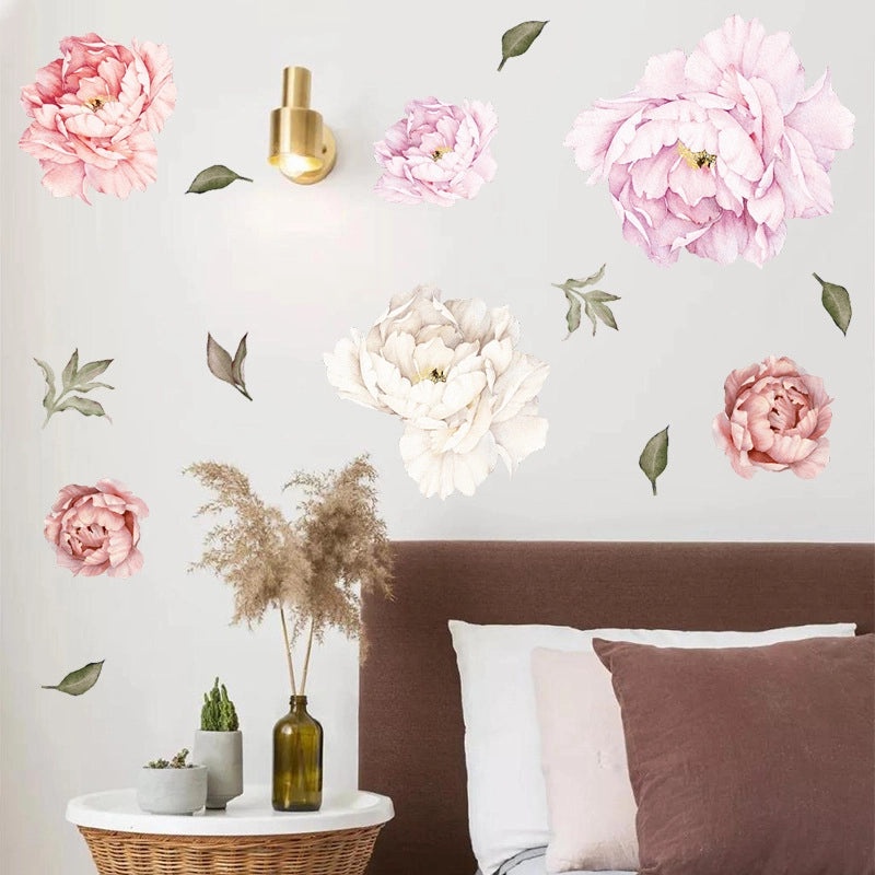 Pink Peony Flower Branch Wall Decal for Bedroom | Home Decor Wall Stickers