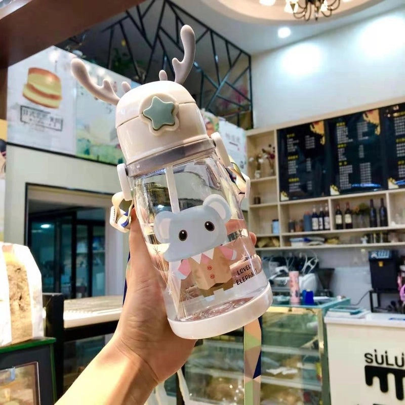 Kids Drop-Resistant Water Bottle with Straw Cute Antler Design for Kindergarten & Primary School Students|Children's Drinkware
