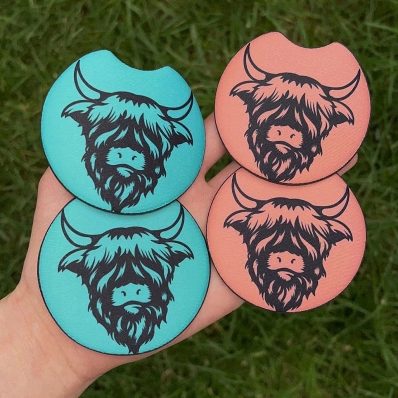 Farm Style Wooden Car Coaster with Highland Animal Design Anti-slip | Home Decor Coasters