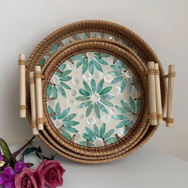 Handwoven Floral Rattan Shell Storage Basket for Casual Home Décor|Home Storage & Organization
