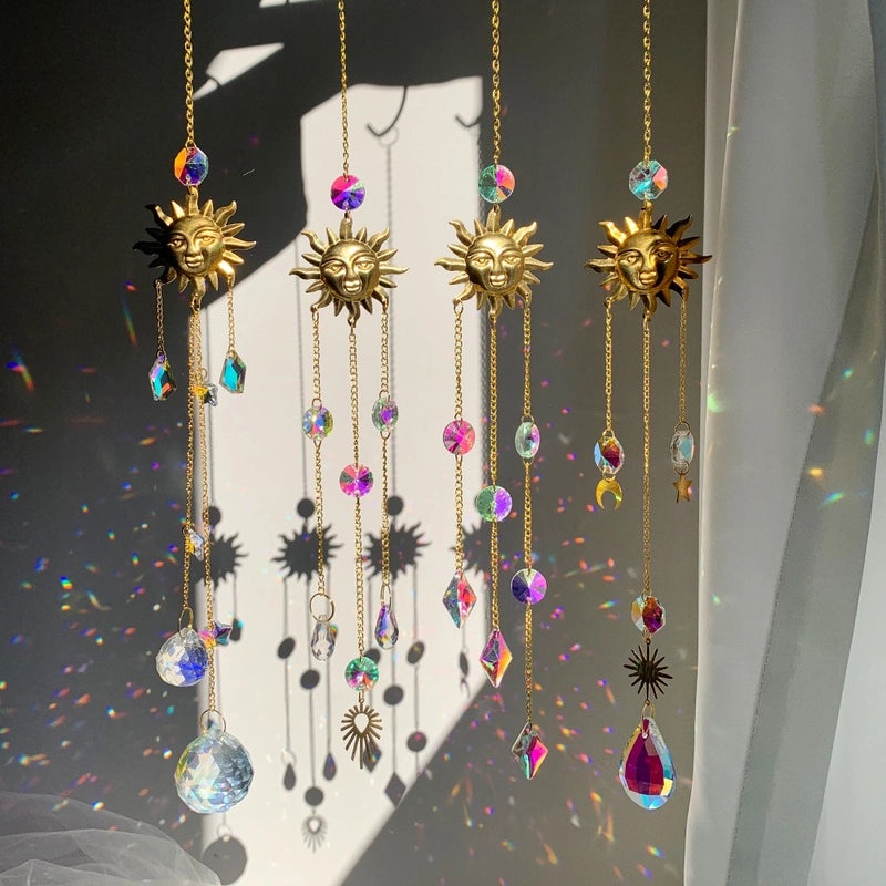 Minimalist Sun Star Moon Crystal Metal Suncatcher Wind Chime | Home Decor Wall Art
