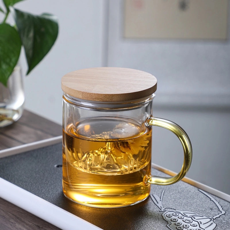 Water Separation Bubble Tea Glass Cup with Wooden Lid and Filter for Office and Tea Ceremony|Drinkware & Tea Accessories