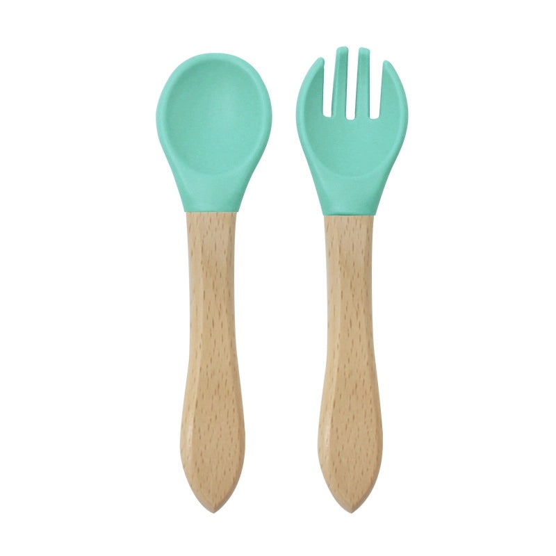 Wood and Silicone Spoon Fork Set, 2 Pieces Casual Solid Color | Kitchen Utensils & Cutlery