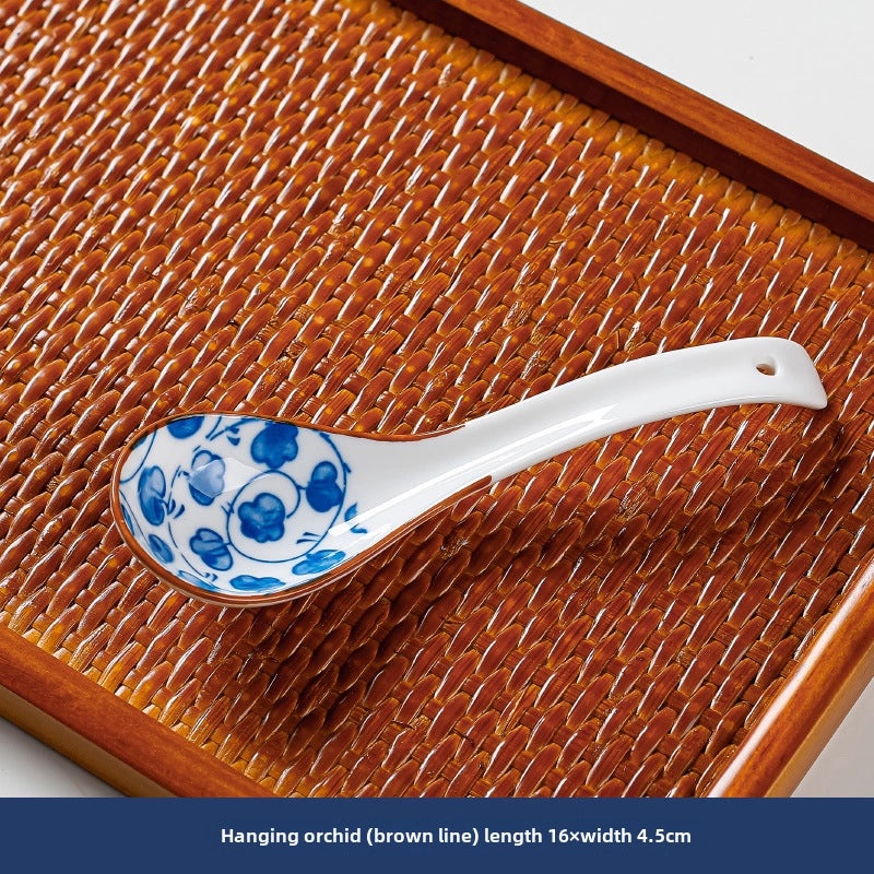 Japanese Style Blue and White Ceramic Soup Spoon Thickened Curved Handle Anti-scalding Small Spoon|Kitchen & Dining