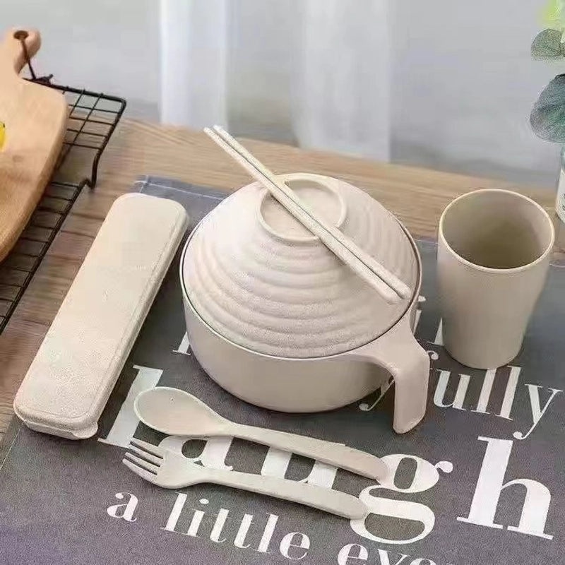 日式麦秸方便面碗带盖筷子套装|餐具厨房用品