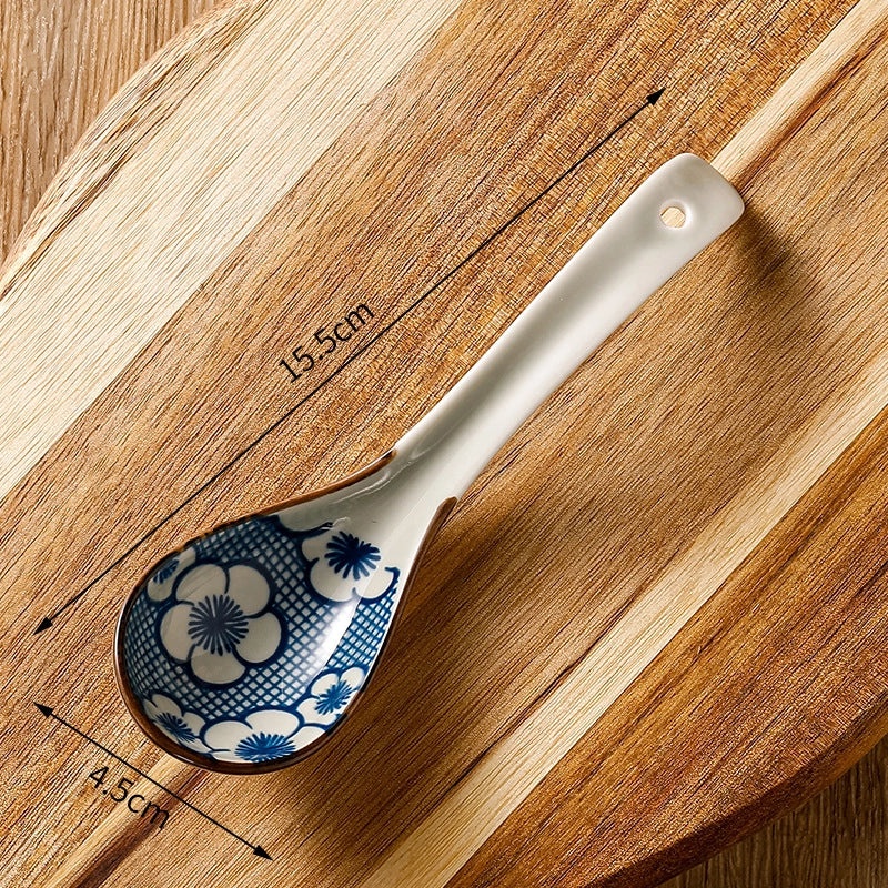 Unisex Ceramic Soup Spoon Kitchen Dining Utensil Blue White Cartoon Pattern