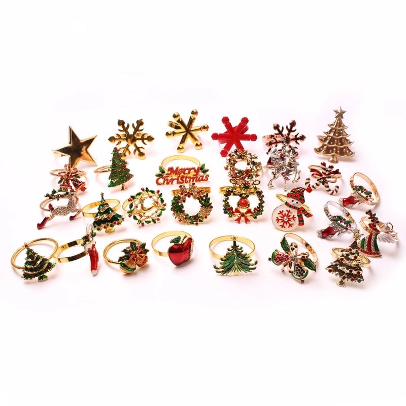 Festive Christmas Tree and Santa Claus Alloy Napkin Rings Set of 6 | Holiday Table Decor