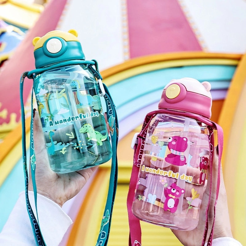 Cartoon Bear Kids Water Bottle with Straw Suction Nozzle Plastic Cup for Primary Students|Kids Drinkware