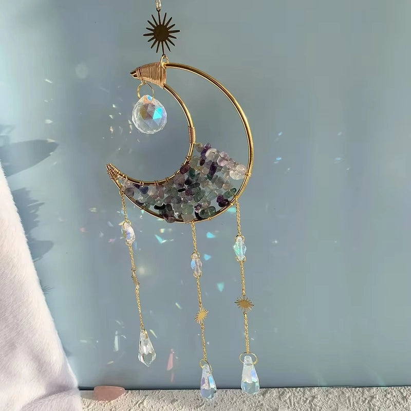 Geometric Moon Crystal Suncatcher with Water Droplets Minimalist Wind Chime Wall Hanging|Home Decor & Wind Chimes