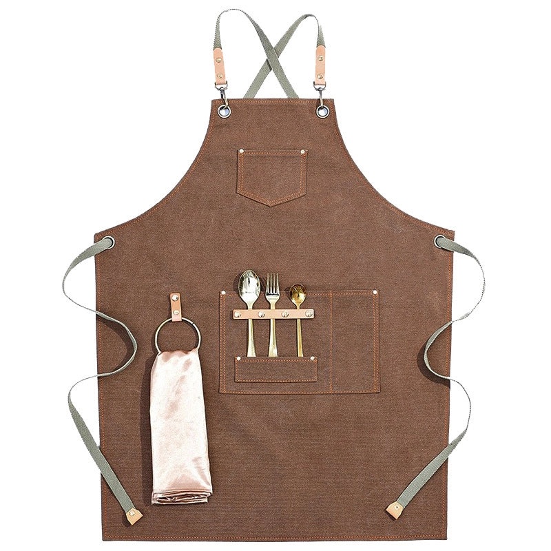 Custom Logo Brown Canvas Apron Thickened Overalls for Milk Tea Shop Barber Catering Baking | Kitchen & Dining Apparel