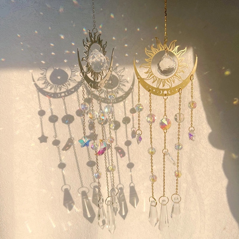 Geometric Crystal Brass Suncatcher Wind Chime | Home Decor & Wall Art