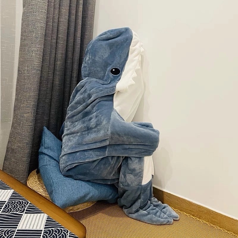 Shark Furry Hoodie Sleeping Bag Warm Flannel Thick Nightgown Loose Jumpsuit Lazy Blanket | Home & Living