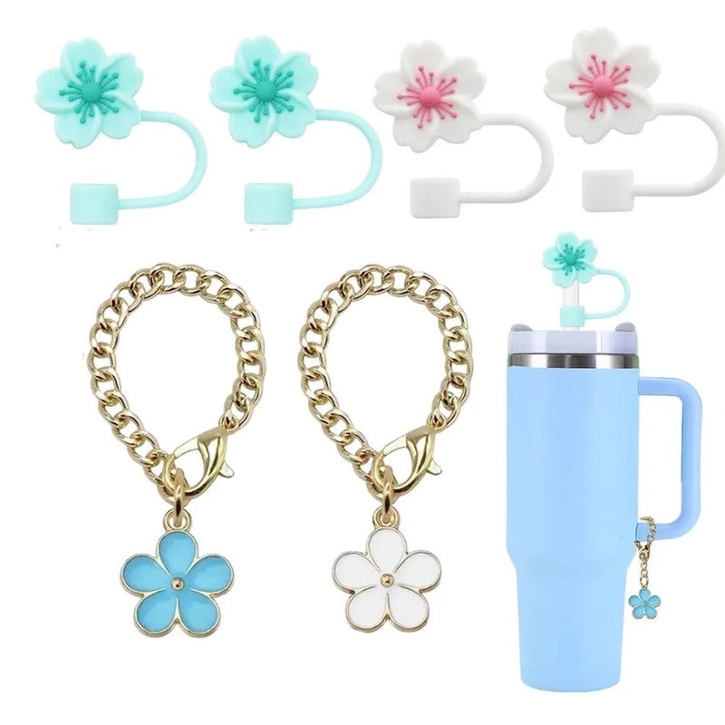Pastoral Style Floral Metal Straw with Silica Gel Sleeve Decorative Cap Set | Kitchen & Dining Accessories