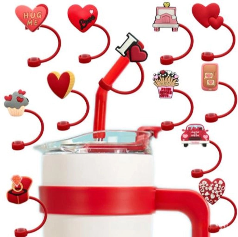 Valentine's Day Red Heart Silicone Straw Caps, 10 Pieces Set | Drinkware Accessories