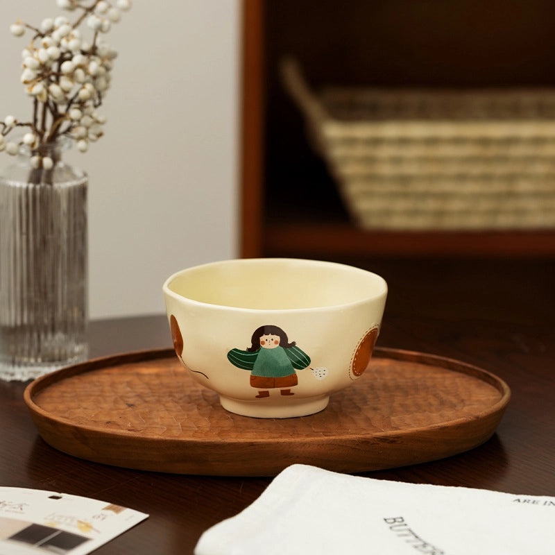 Vintage Ceramic Cartoon Dinner Plate Cute Girls Small Rice Bowl and Mug with Lid|Kitchen & Dining
