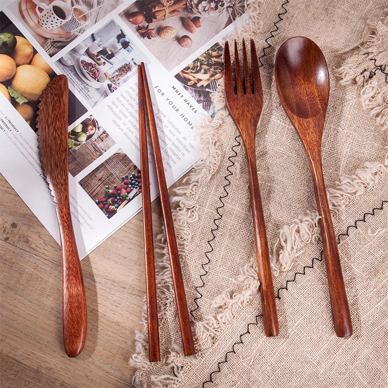 Japanese Style Wooden Tableware Set Phoebe 4-Piece Chopsticks Knife Fork Spoon|Kitchen & Dining Tableware