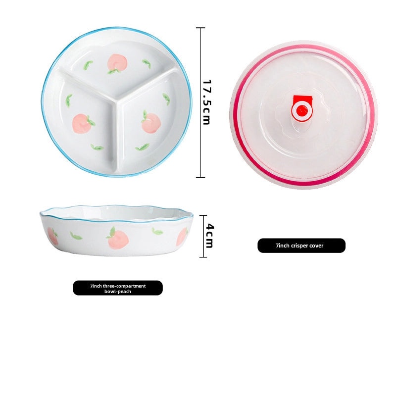 Ceramic Three-Compartment Bowl with Lid Microwave Safe Heat-Resistant Lunch Box Snack Plate|Kitchen & Dining