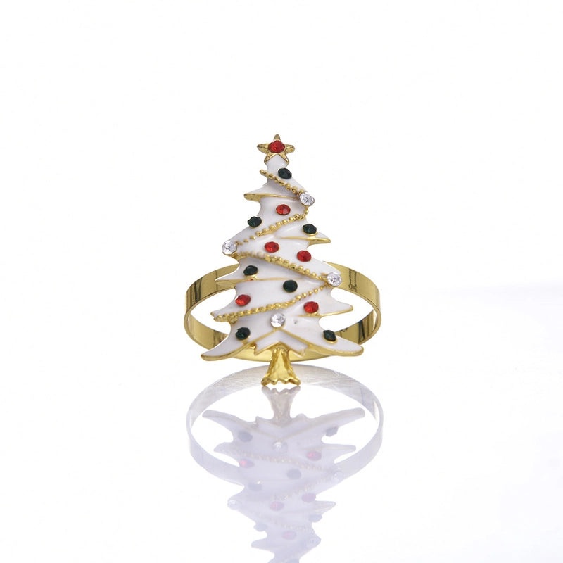 Festive Christmas Tree and Santa Claus Alloy Napkin Rings Set of 6 | Holiday Table Decor