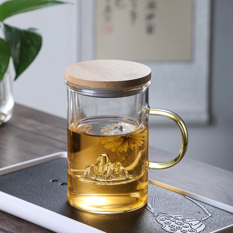 Water Separation Bubble Tea Glass Cup with Wooden Lid and Filter for Office and Tea Ceremony|Drinkware & Tea Accessories