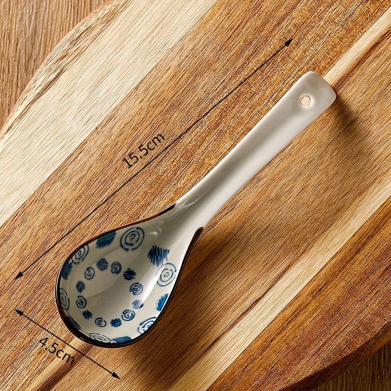 Unisex Ceramic Soup Spoon Kitchen Dining Utensil Blue White Cartoon Pattern