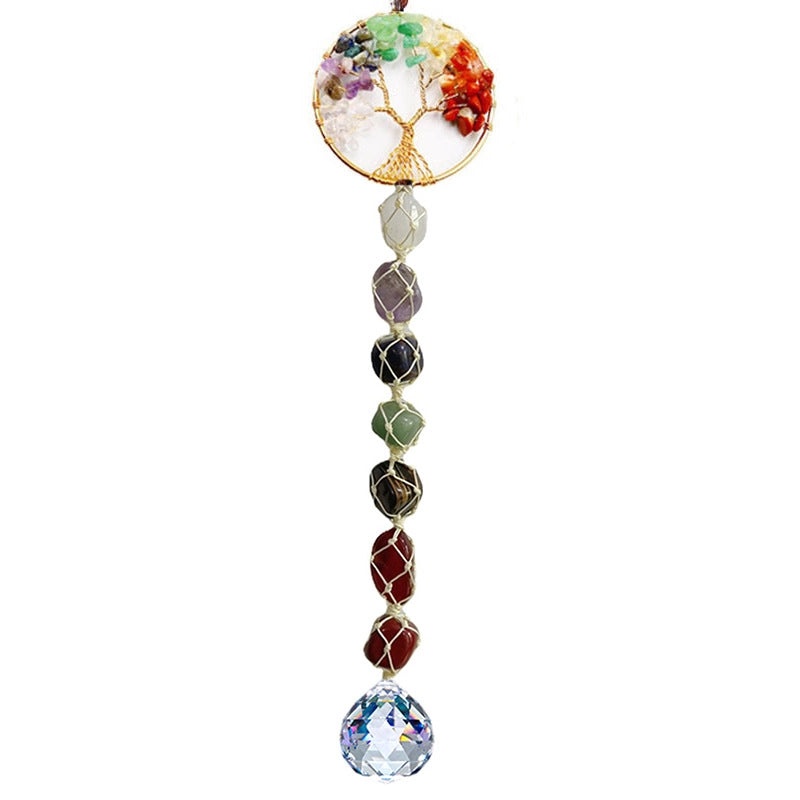 Natural Stone Lucky Tree Car Pendant Crystal Wind Chime Handmade Colorful Gravel Woven Hanging Decor|Car Accessories