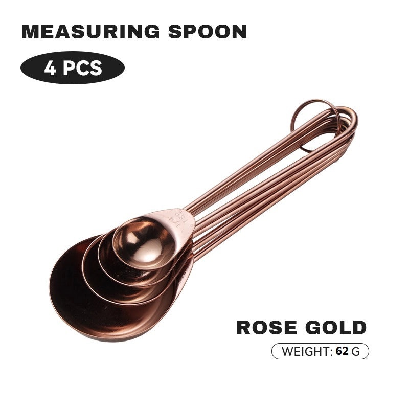 8-Piece Rose Gold Stainless Steel Measuring Cups and Spoons Set with Wire Handles and Scale | Kitchen Measuring Tools