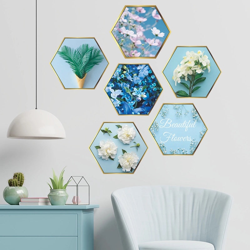 Hexagonal Flat Photo Frame Wall Sticker with Fresh Green Plant Design | Home Decor Wall Art