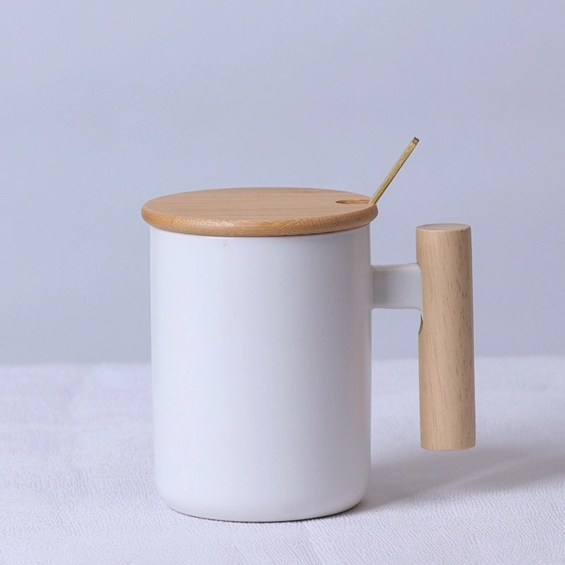 Matte Ceramic Mug with Solid Color and Wooden Handle | Home & Kitchen Drinkware
