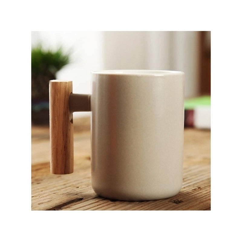 Matte Ceramic Mug with Solid Color and Wooden Handle | Home & Kitchen Drinkware