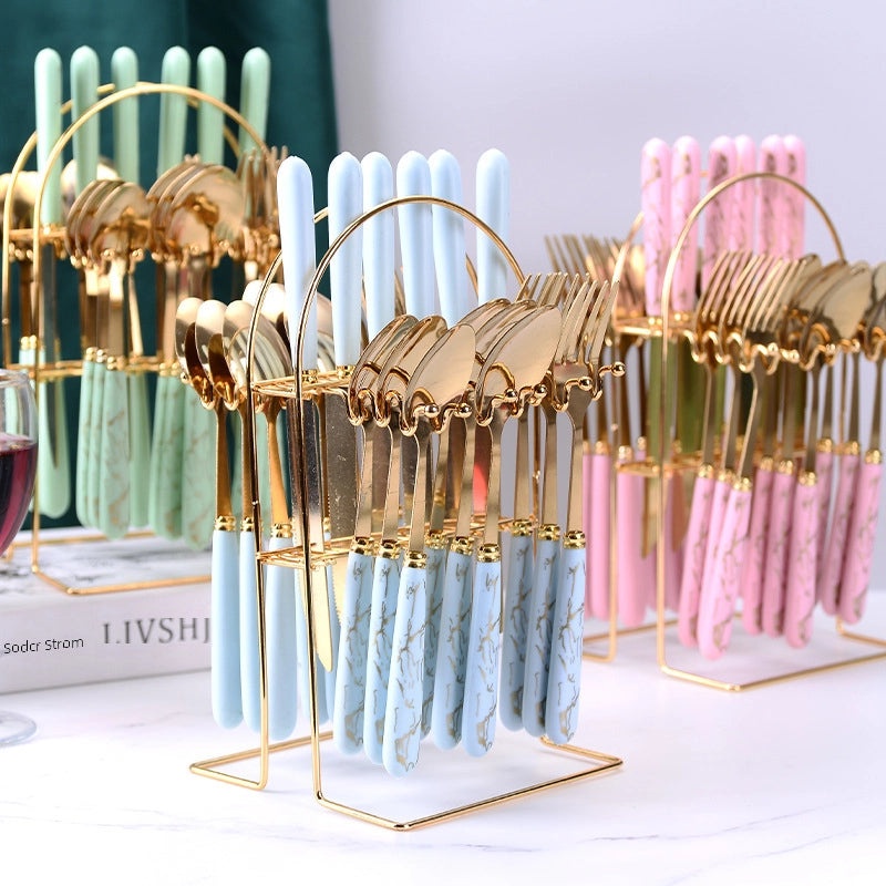 Marbling Stainless Steel 24-Piece Cutlery Set Gift Box for Restaurant Western Food Knife Fork Dessert Spoon|Kitchen & Dining