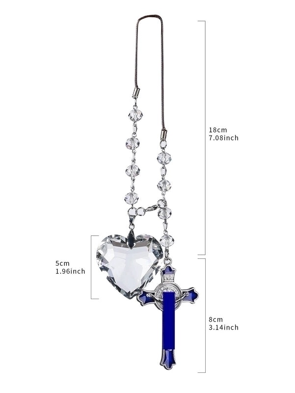 Clear Heart Crystal Cross Car Charm with Blue Enamel | Car Interior Accessories